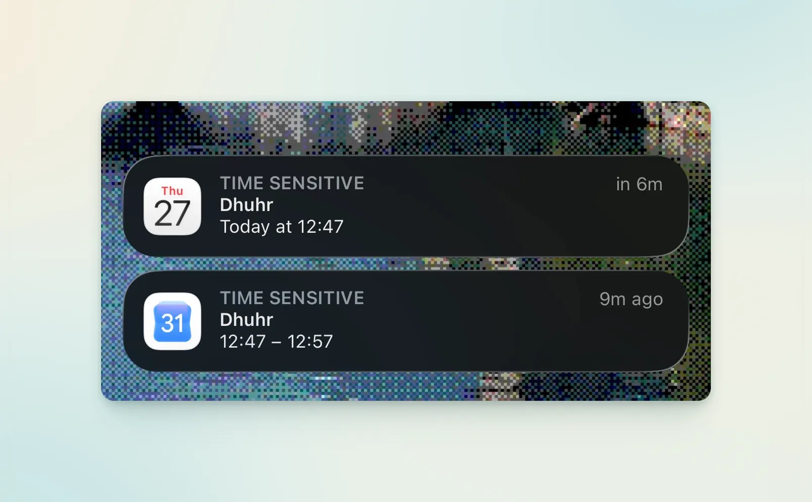 Apple Calendar notifications showing a six-minute countdown and a previous prayer event with its duration.