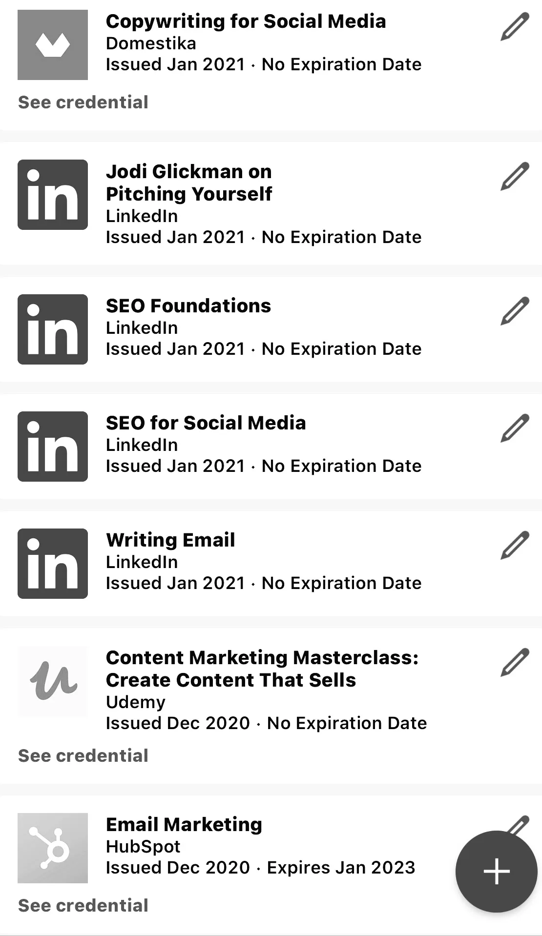 A mobile screen showing marketing and copywriting course credentials.